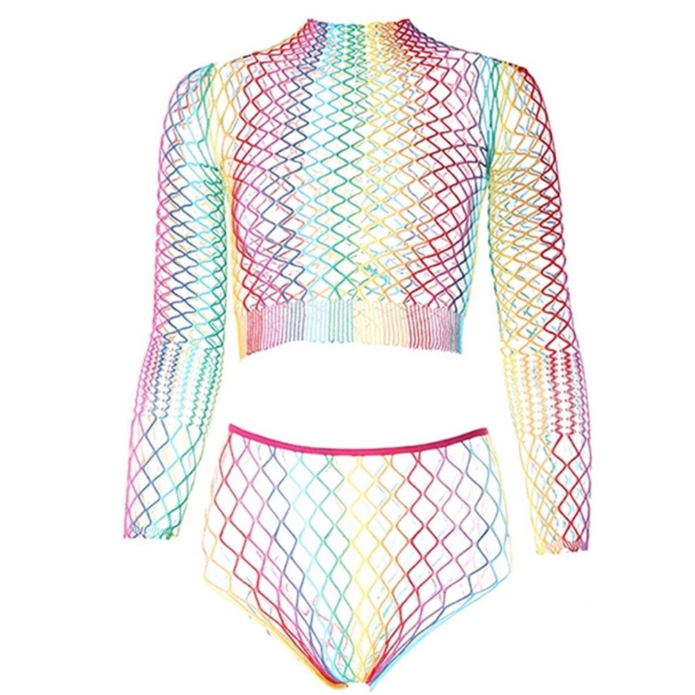 ❤️SOLD❤️ Rainbow Mesh Fishnet Rave Festival Top Booty Short Outfit Swim Cover - Picture 3 of 11